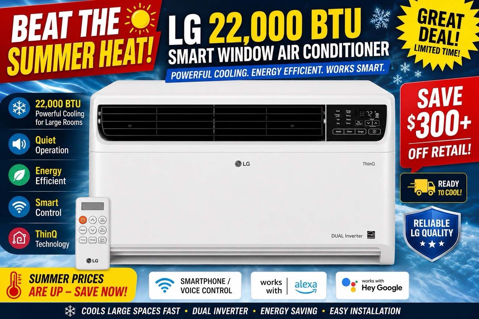 🌕LG LW2217IVSM 22,000 BTU 230/208V SMART Phone WINDOW AC W/REMOTE 1320 SqFt