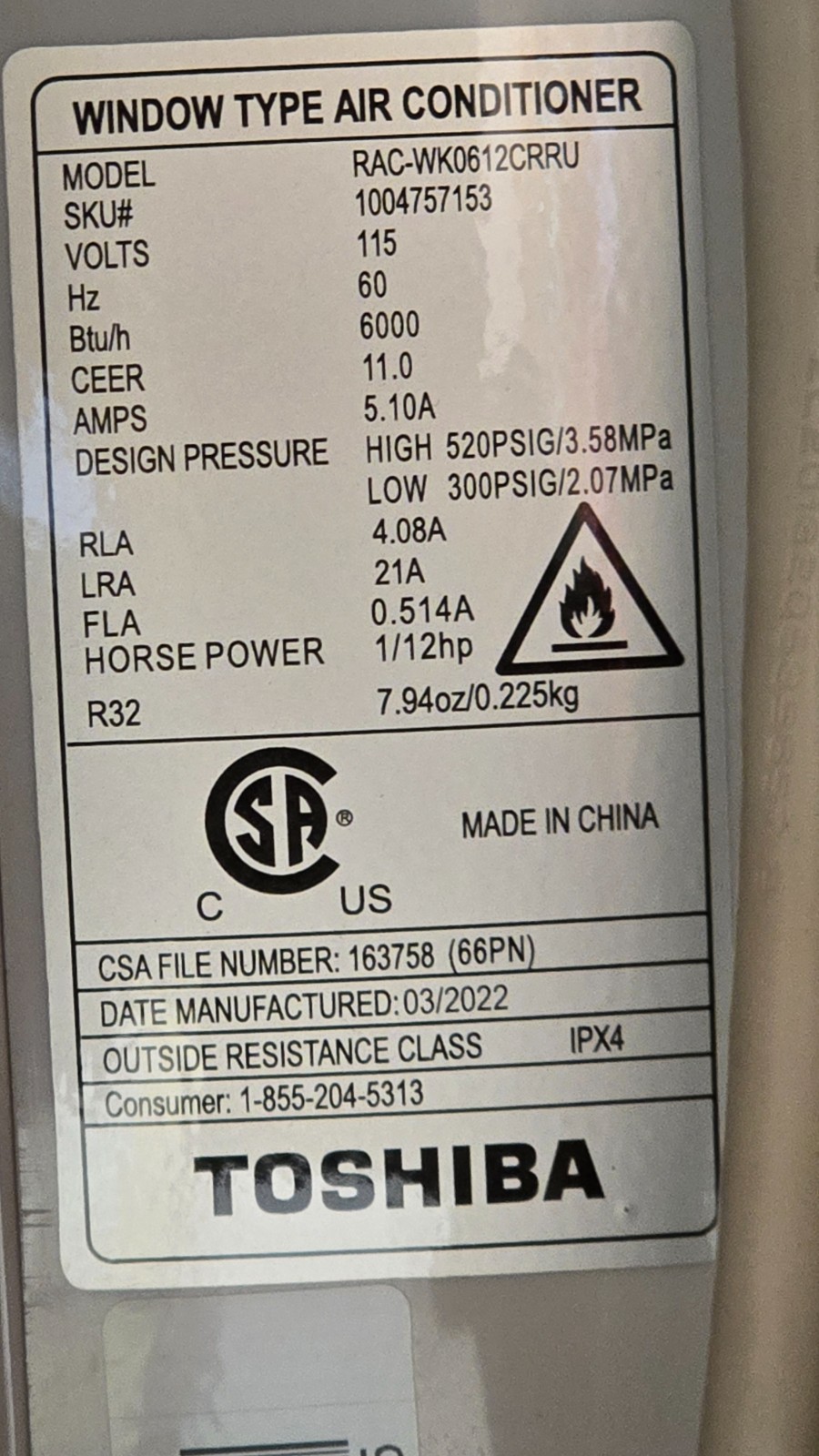 Toshiba – RAC-WK0612CRRU – 6,000 BTU – 115V – Window Air Conditioner