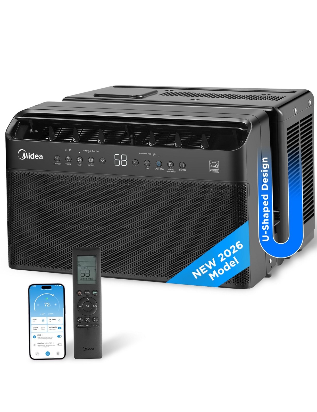 Midea 8,000 BTU U Shaped Smart Inverter Window Air Conditioner -Cools 350 Sq Ft.