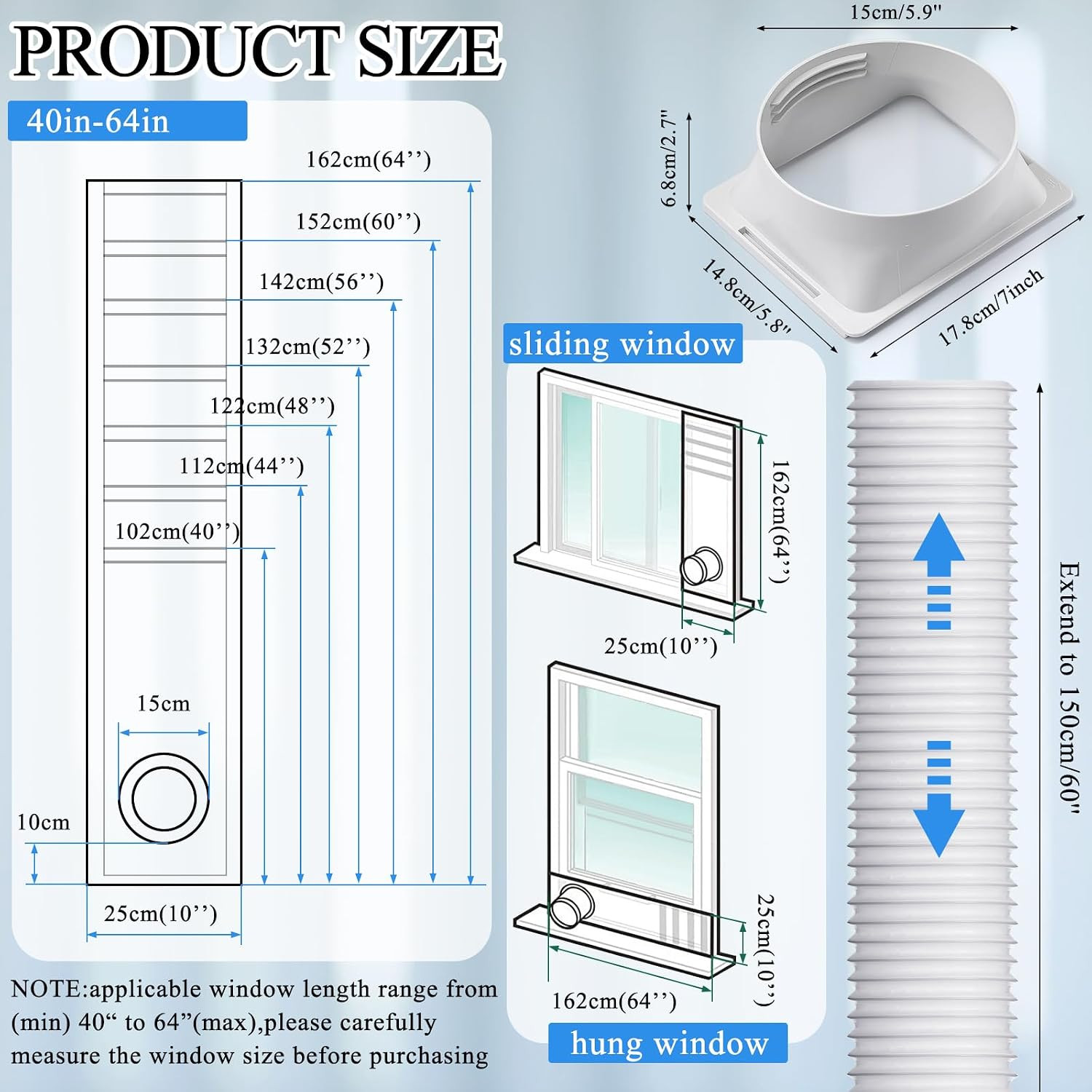 Portable Air Conditioner Window Vent Kit Include 10” X 40” -64”