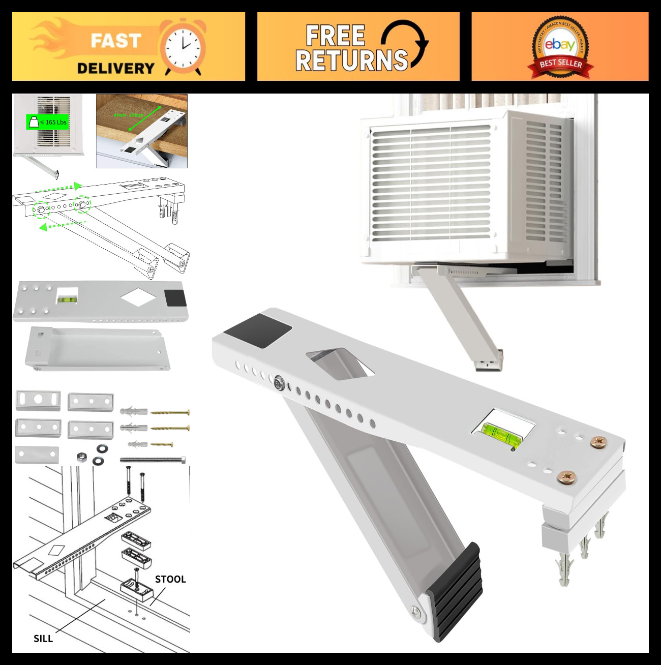 Heavy-Duty Window AC Brackets with Bubble Level & Non-Slip Pads, 9000-22000 BTU