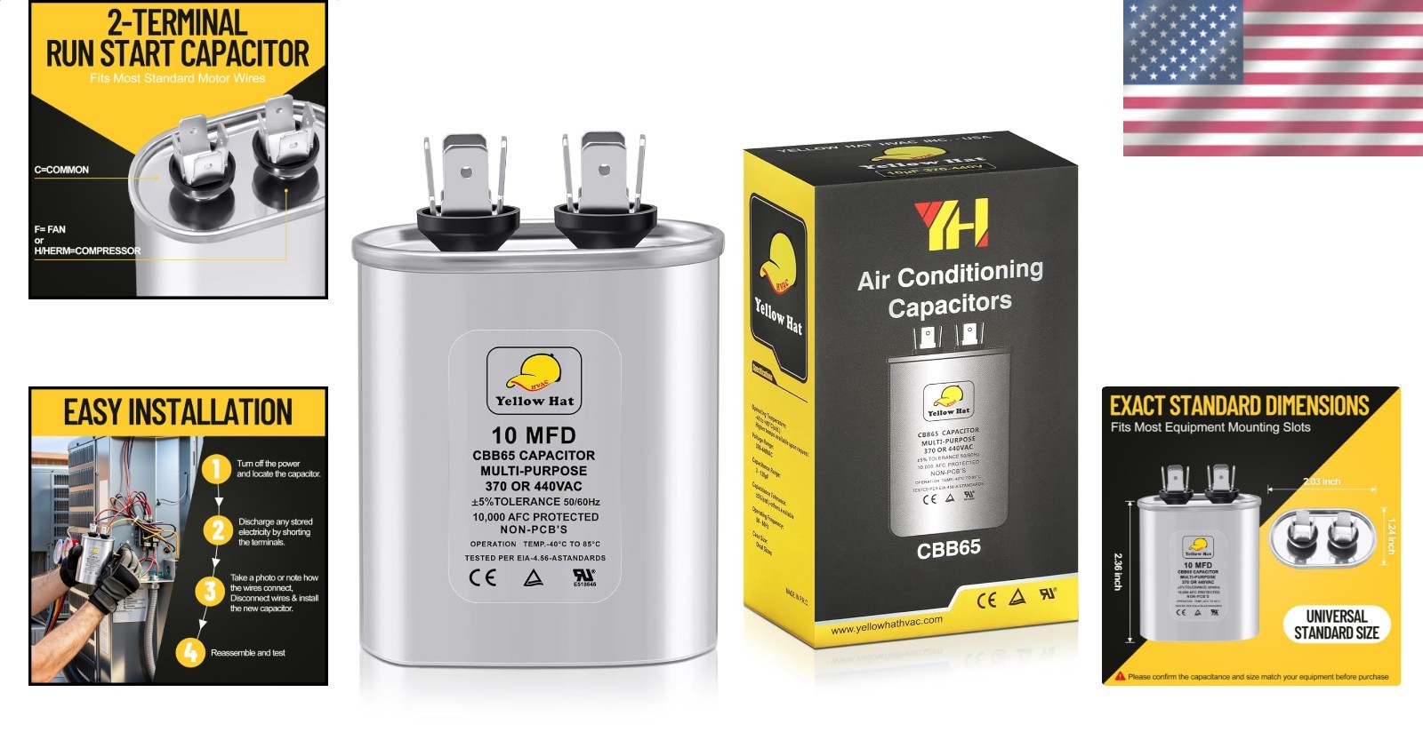 Heavy Duty 10 Microfarad Oval AC Capacitor 370/440V for Condenser Fan Motor