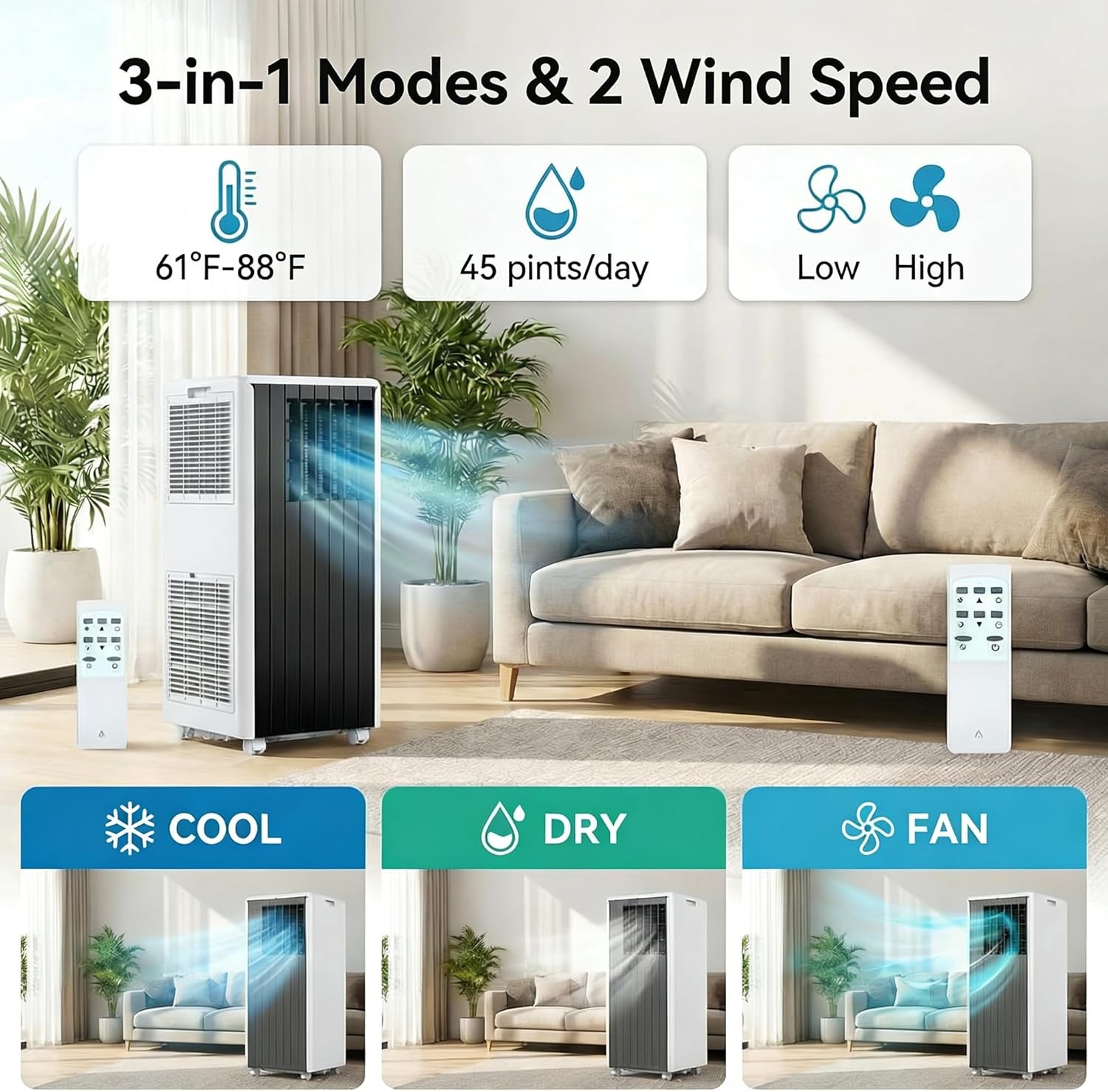 ✅8000 BTU Portable Air Conditioners, 3-in-1 Cools Large Rooms, Quiet AC with Fan