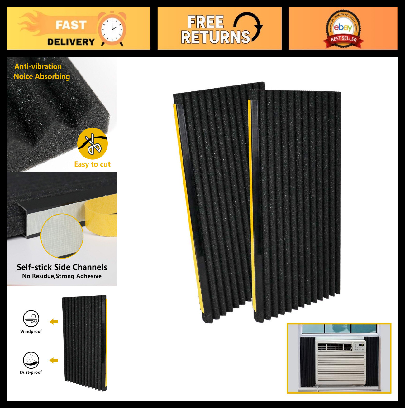 Foam Insulation Panels for Window AC Units, 2 Pack, Black, 17″x9″x7/8″ – Energy