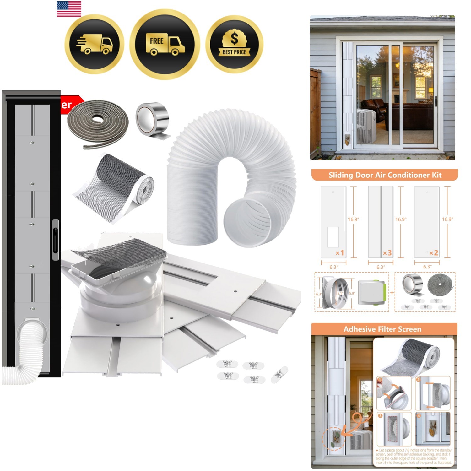 95″ Sliding Door AC Vent Kit with Φ 5.9″AC Hose Filter Screen & Weather Strip…