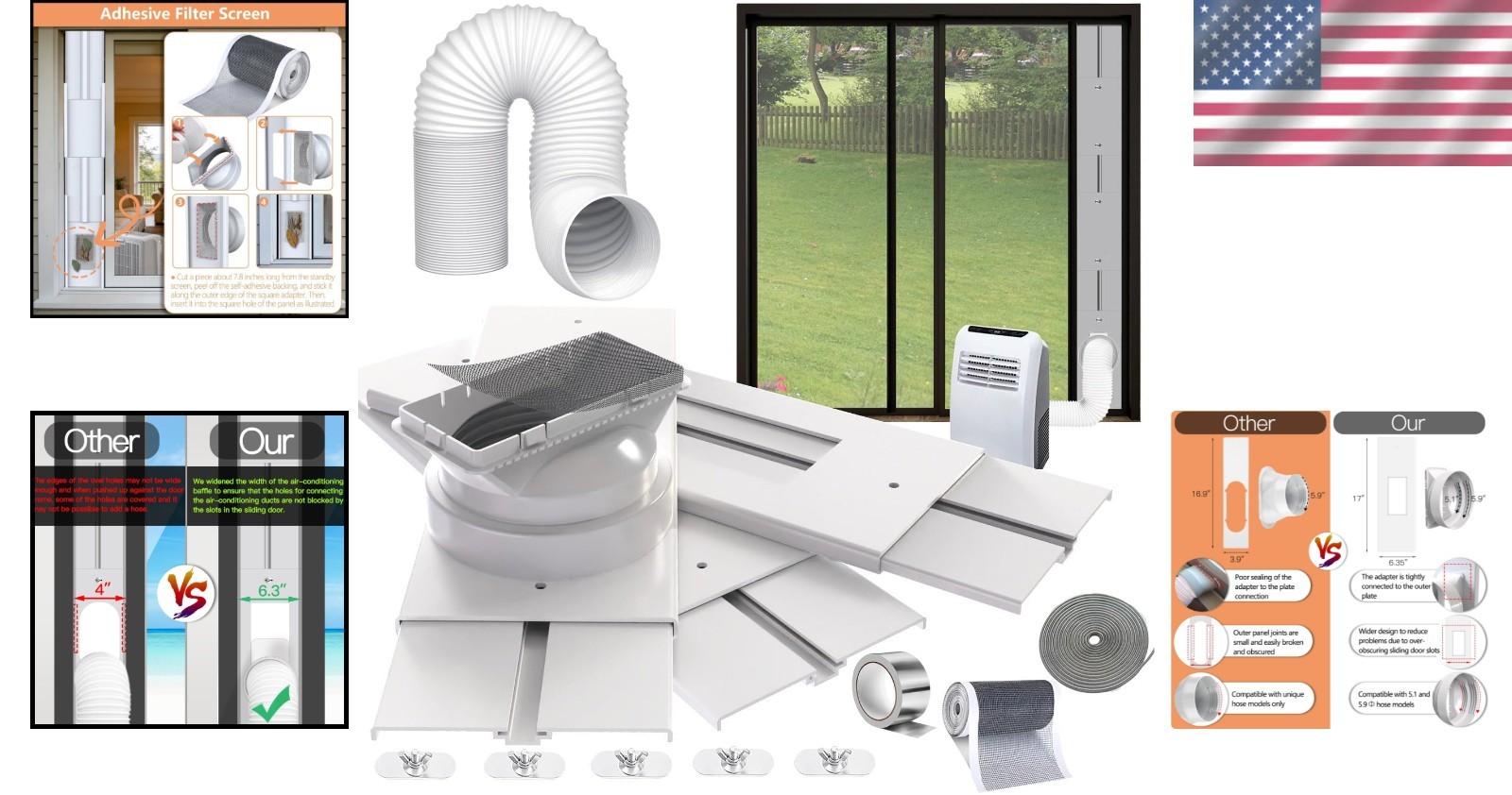 Universal Compatibility 95″ Sliding AC Vent Kit with Φ 5.1″ Hose & Filter Screen