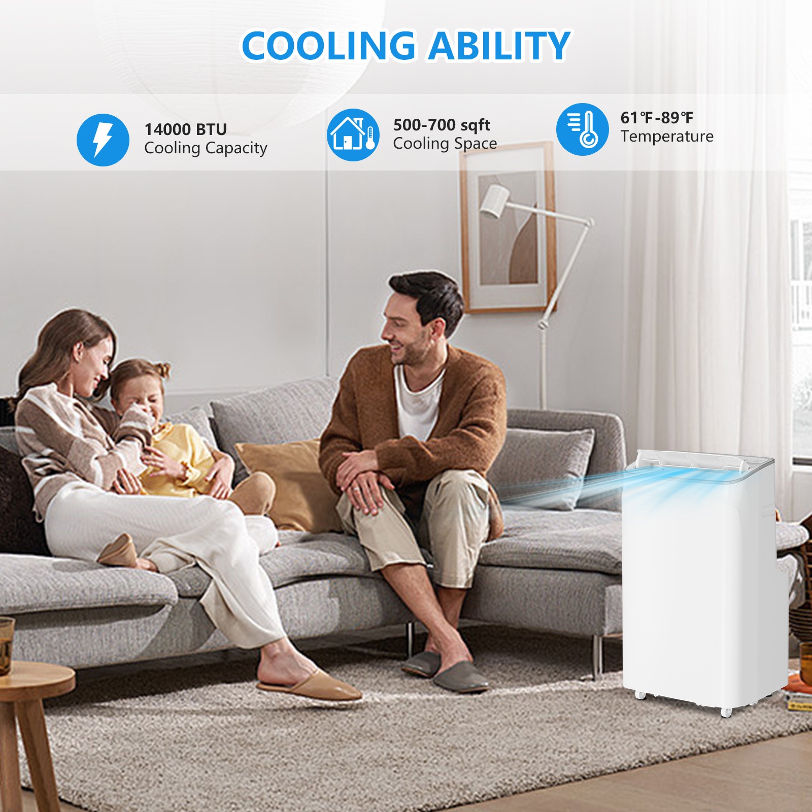 14,000 BTU Portable Air Conditioner 3-In-1 AC Unit w/ Dehumidifier & Fan, Remote