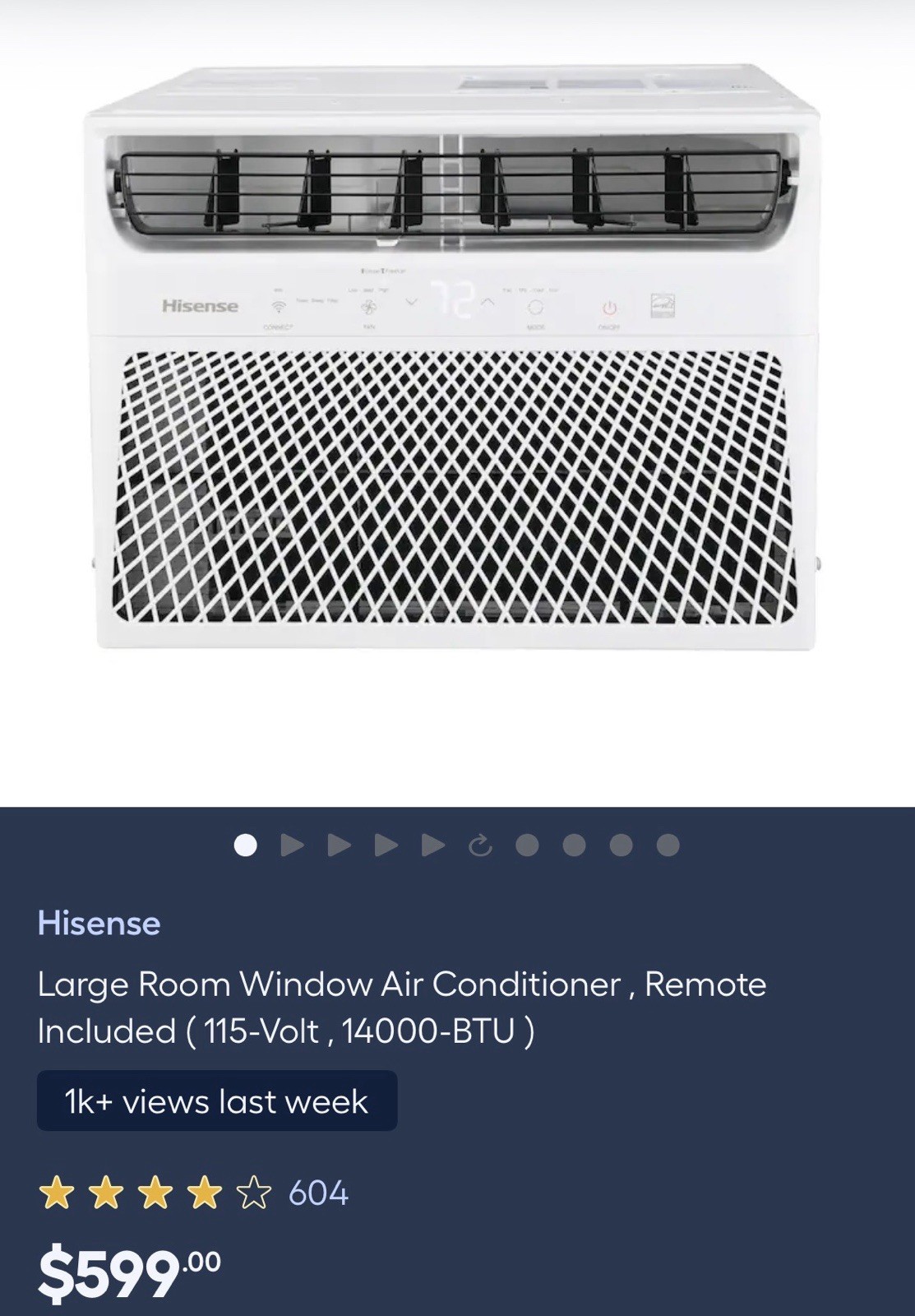 700 SqFt Hisense (14000BTU, 115-Volt) Wi-Fi Window Air Conditioner AW1422CW1W