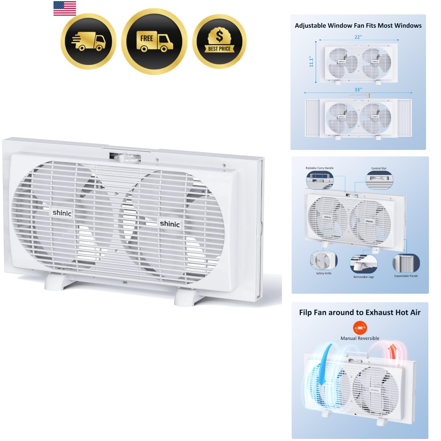 9″ Dual Window Fan,Powerful Cooling,Easy Control,Fits 22″-33″ | Twin Window F…