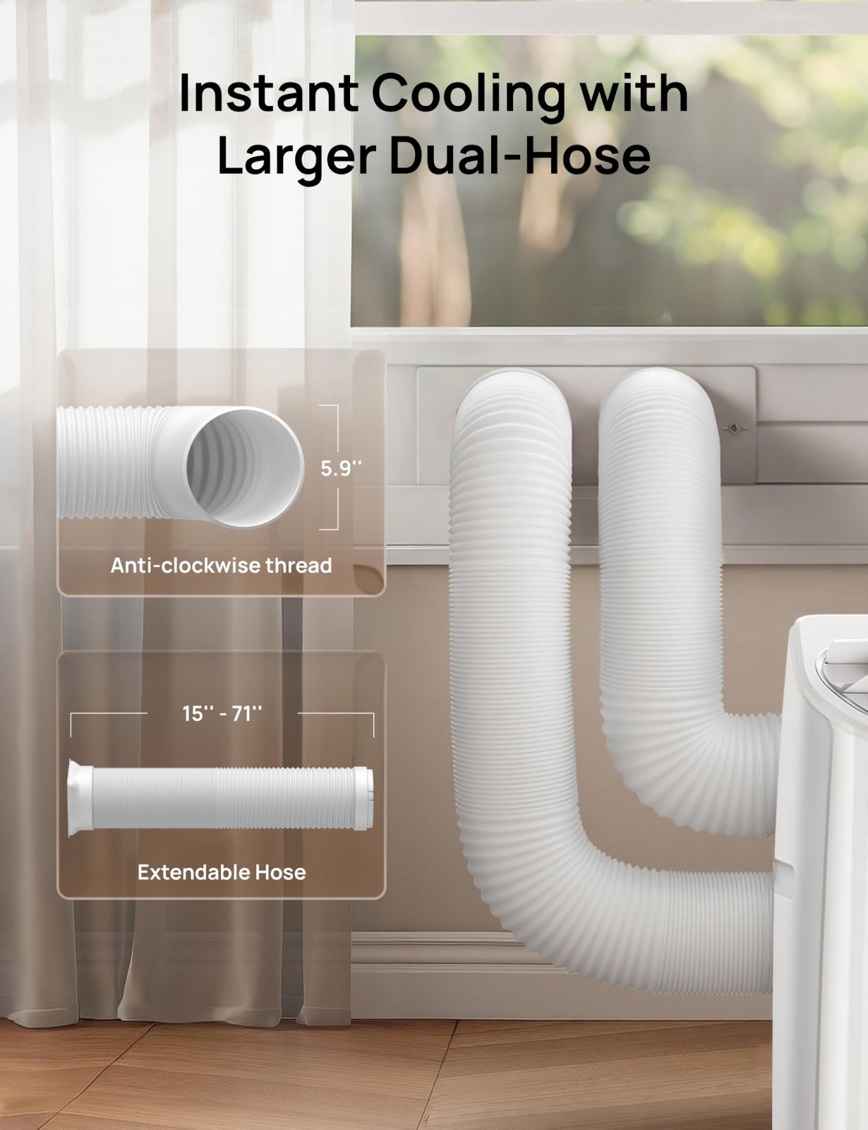 Adjustable Portable Air Conditioner Window Vent Kit – Dual Hose, 5.9″ Exhaust Du