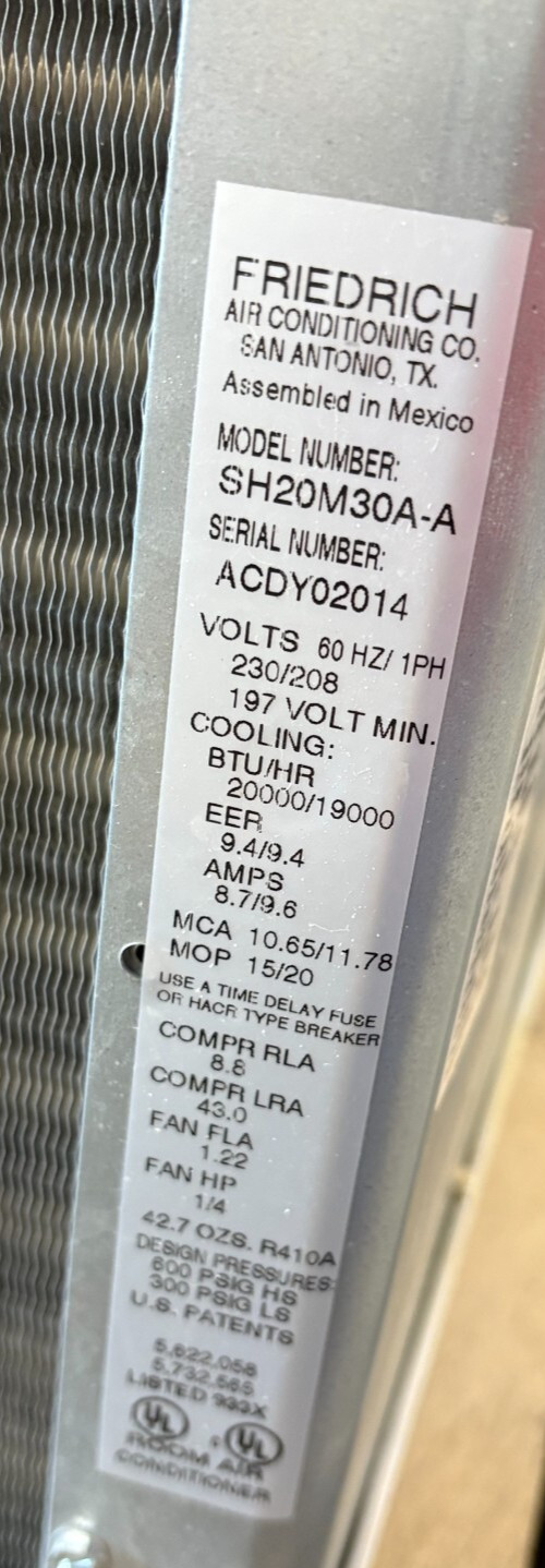 FRIEDRICH AIR CONDITIONER, MODEL# SH20M30A-A, 8WAY AIR FLOW, 8.5/9.4AMPS