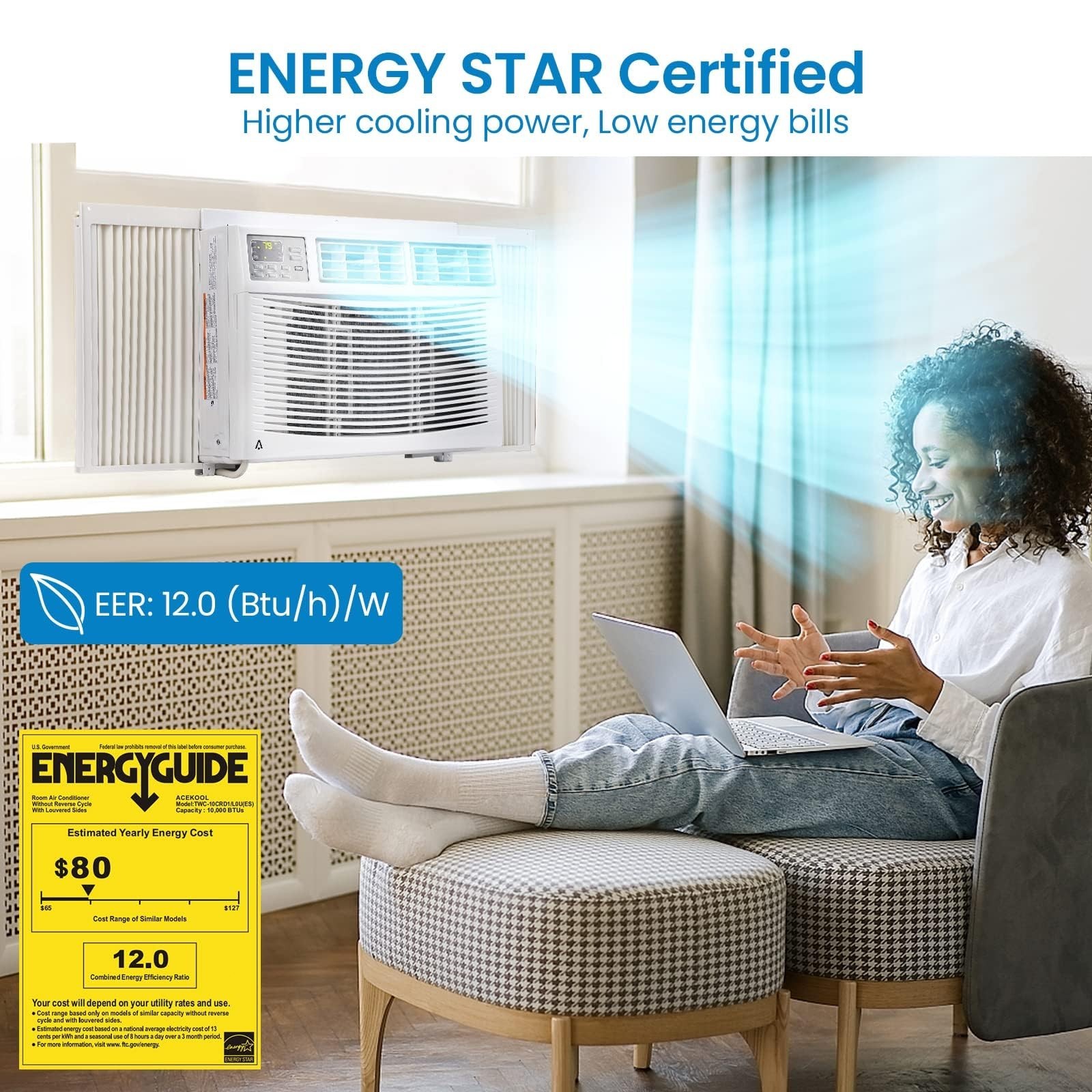 8000 BTU Window Air Conditioner Quiet Window AC Unit w/ Remote 115V 350 Sq. Ft.