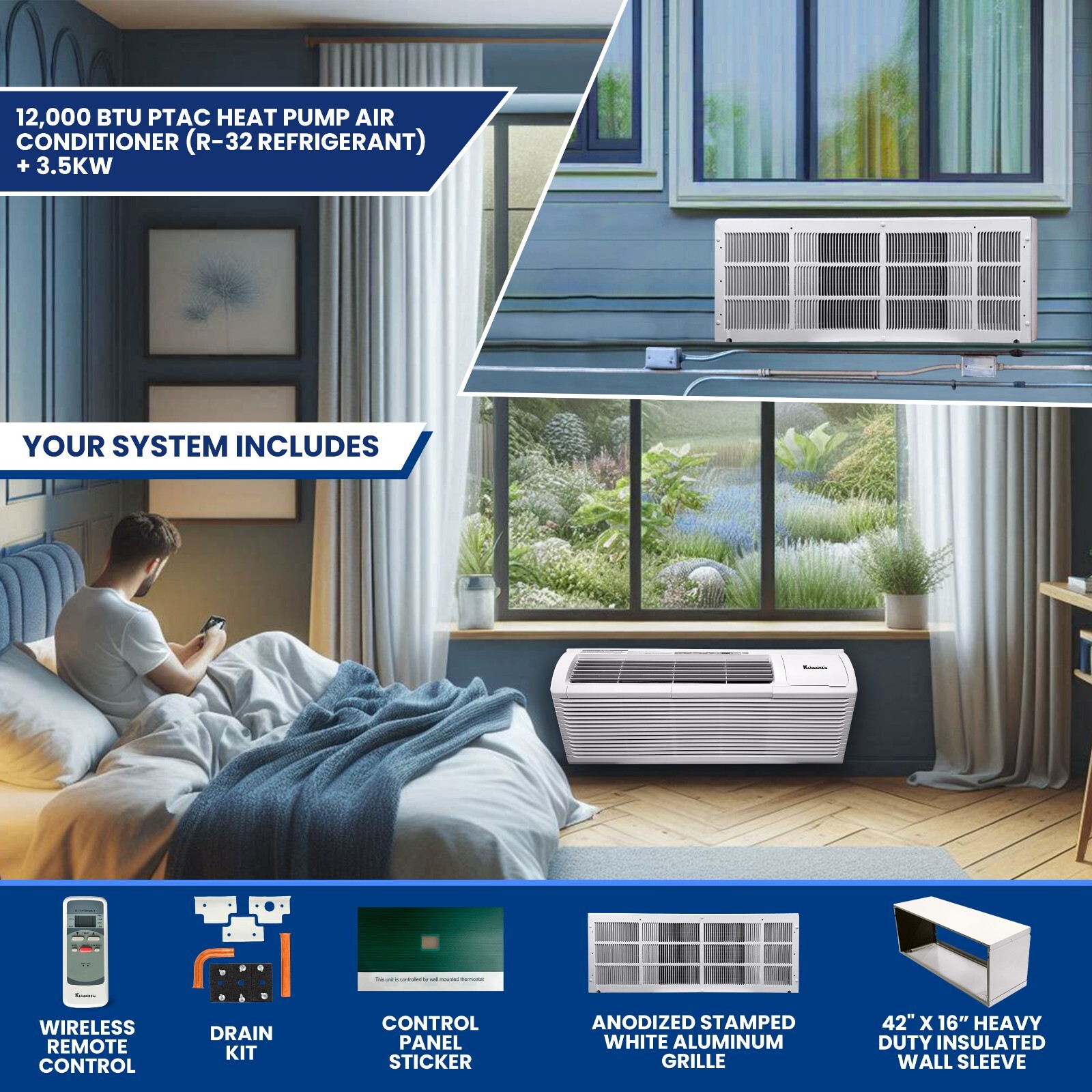 Klimaire 12,000 BTU PTAC Heat Pump A/C R-32 with 3.5kW Heater – Bundle