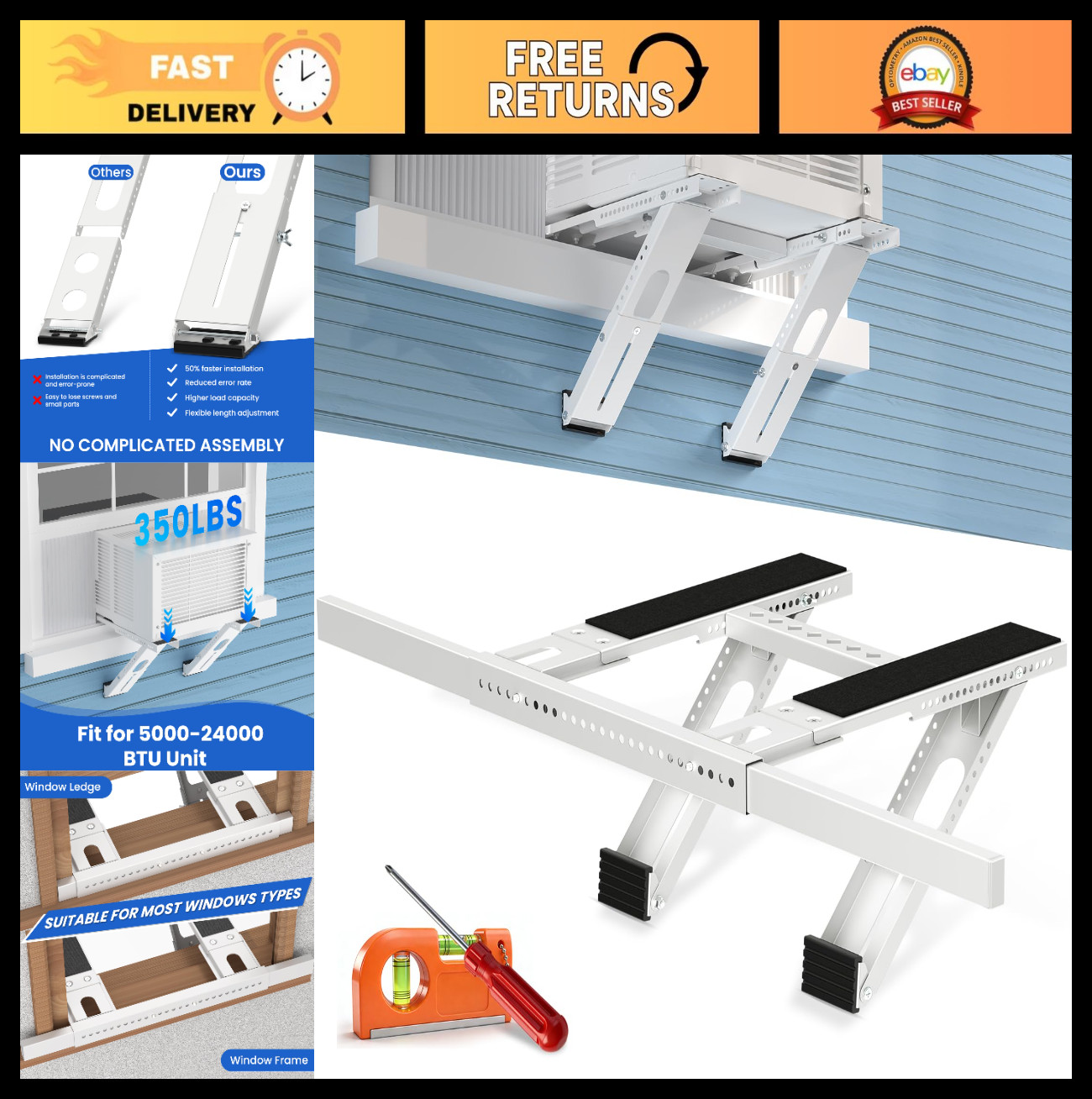 Adjustable No Drill Window AC Support Bracket, Heavy Duty, Fits 5000-24000 BTU U