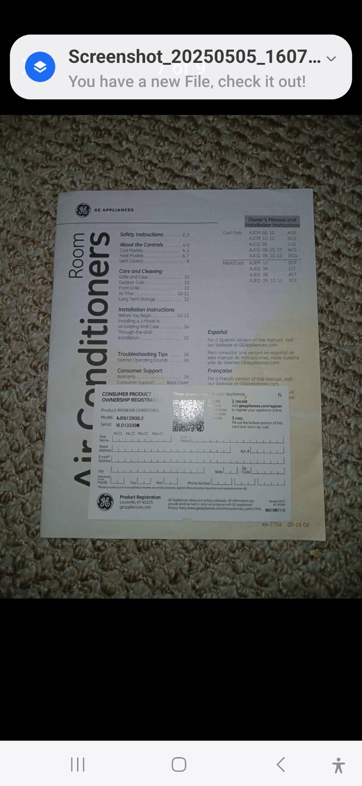 GE energy star 230/208 volt air conditioner 12,000 BTU’s model AJCQ12DCGL2