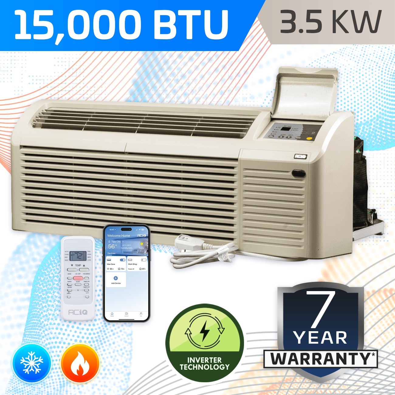 ACiQ 15000 BTU Inverter PTAC Heat Pump Air Conditioner Unit & 3.5KW Heater – R32
