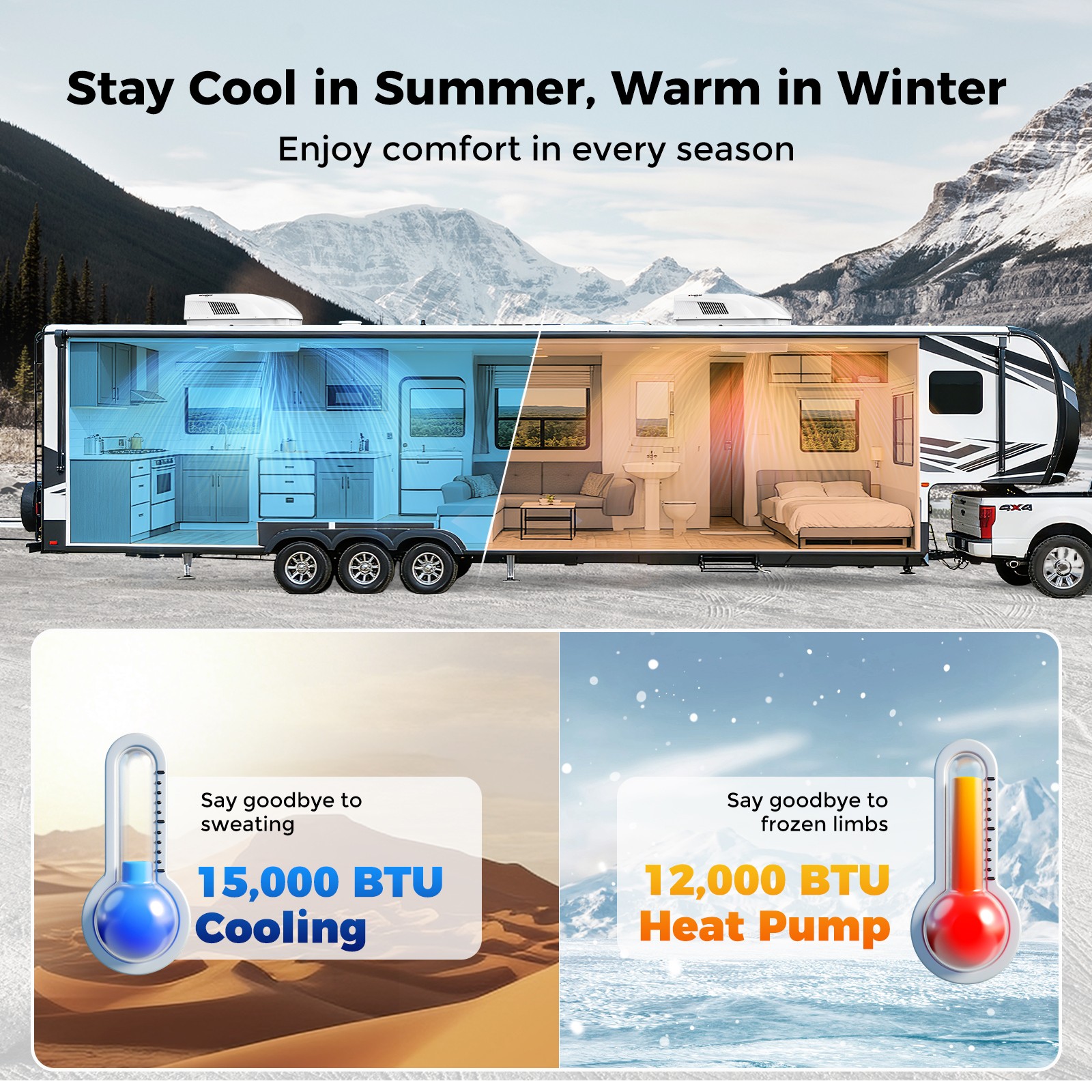 RV Air Conditioner 15K BTU & 12K Heat Pump Rooftop AC fit Fifth Wheel Food Truck