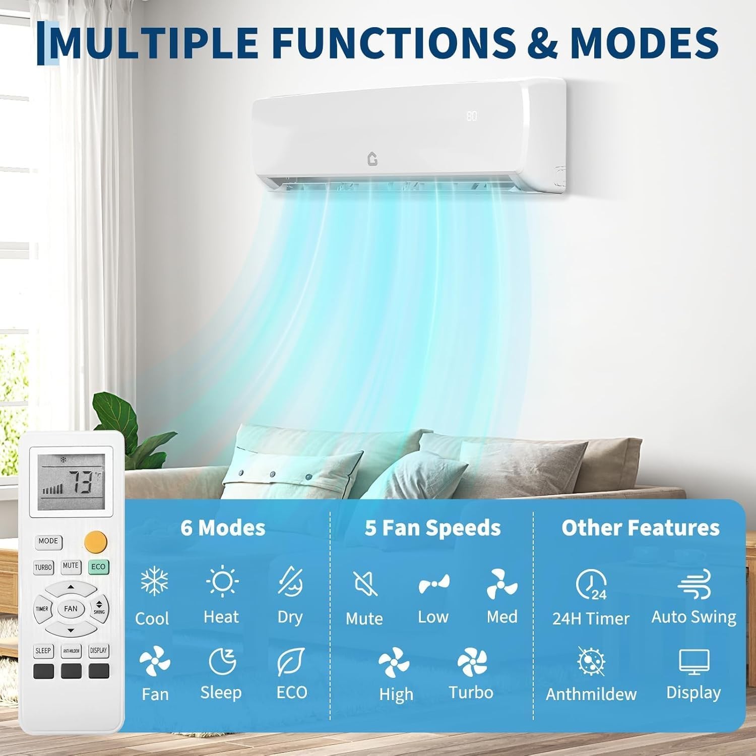 18000 BTU 19 SEER2 Ductless Mini Split Wall-Mounted Air Conditioner & Heater