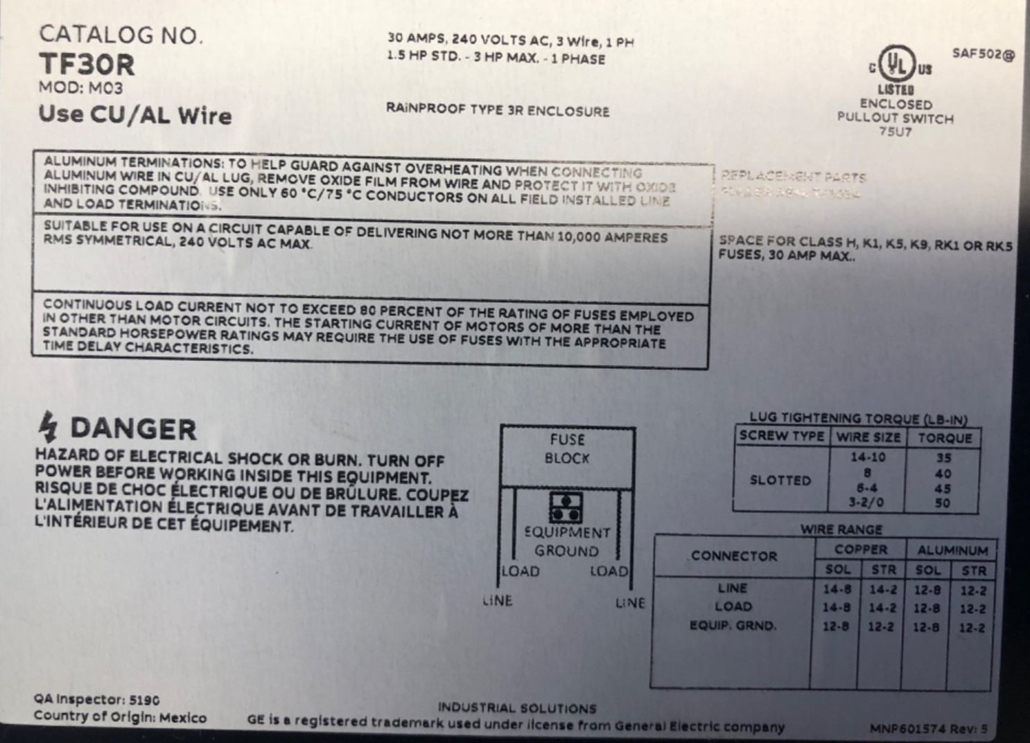 GE 30 Amp Fusible Air Conditioner Disconnect – 120/240V Outdoor – Used -TFN30RCP