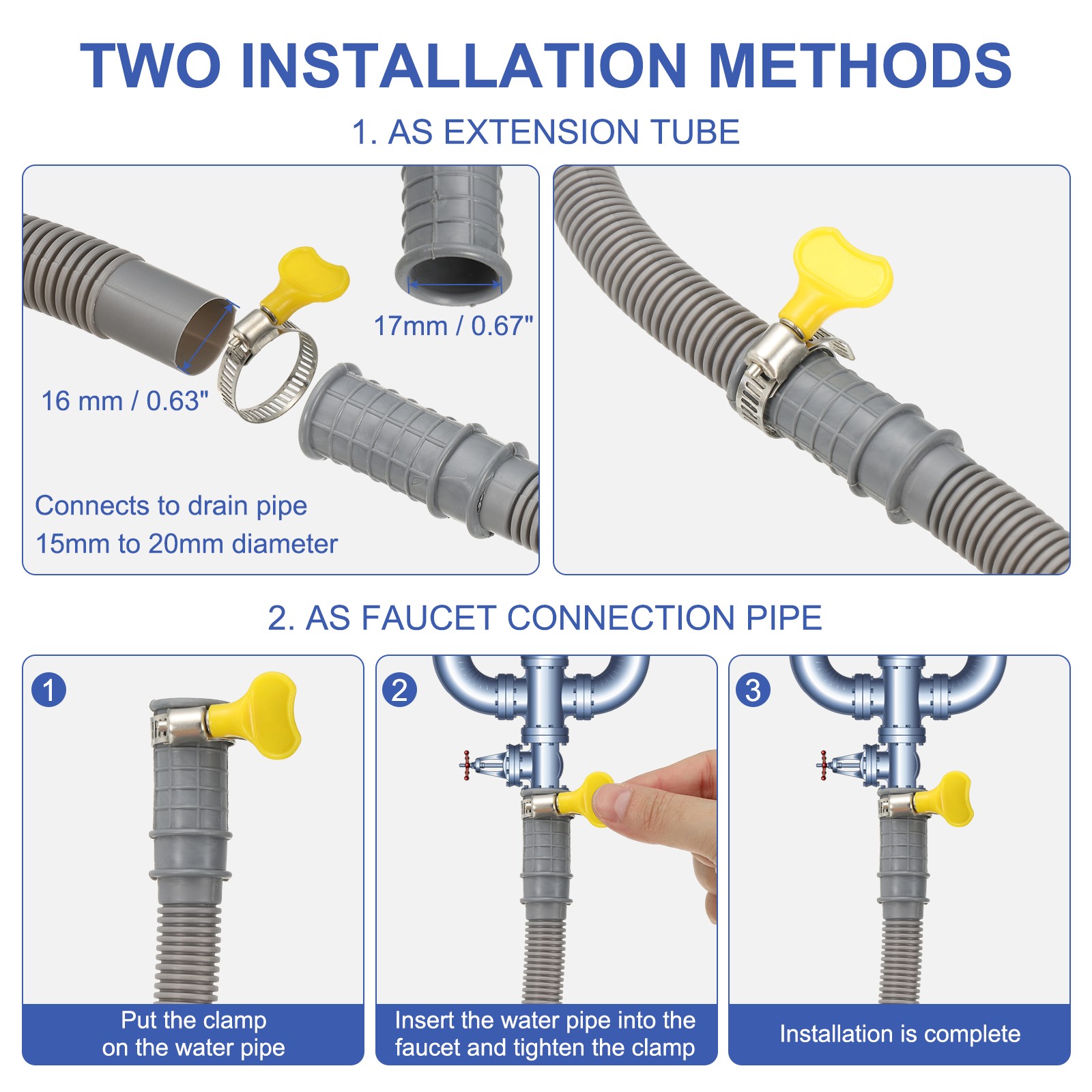 6.6Ft Air Conditioner Drain AC Drain Connector Hose with Clamp Gray 2Set