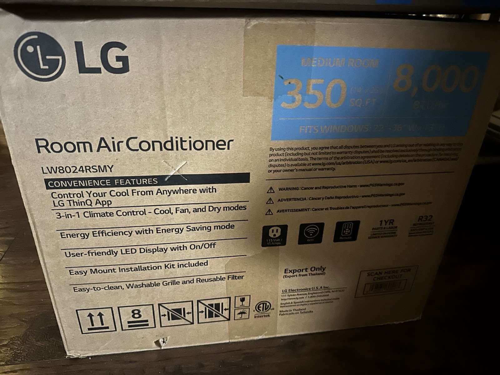 LG 8,000 BTU Window AC 115V Wi‑Fi ThinQ R32 350 sq ft LW8024RSMY PICK UP IN NYC