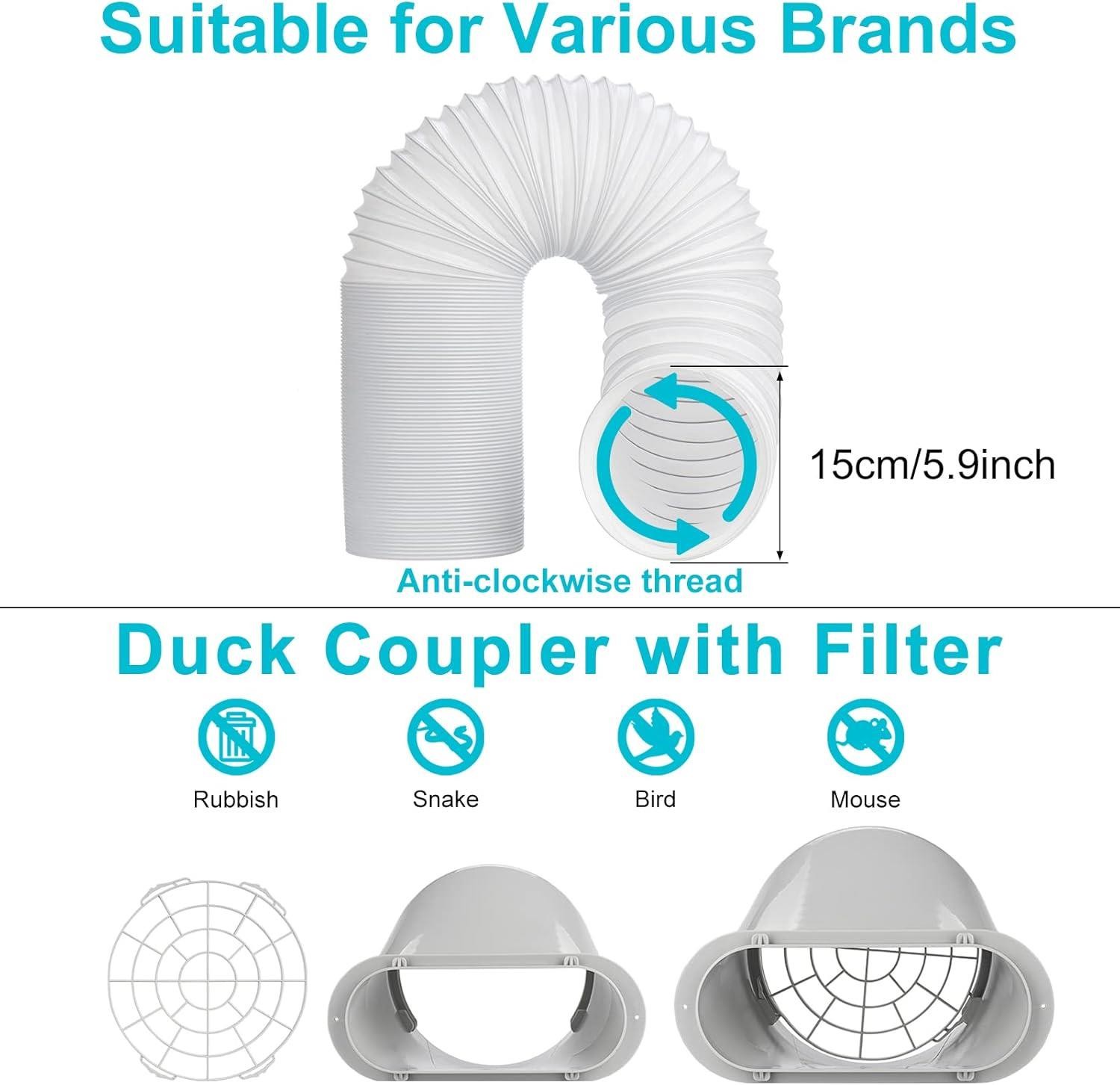 Portable AC Window Vent Kit with 5.9” Exhaust Hose & Coulper, Universal Window S