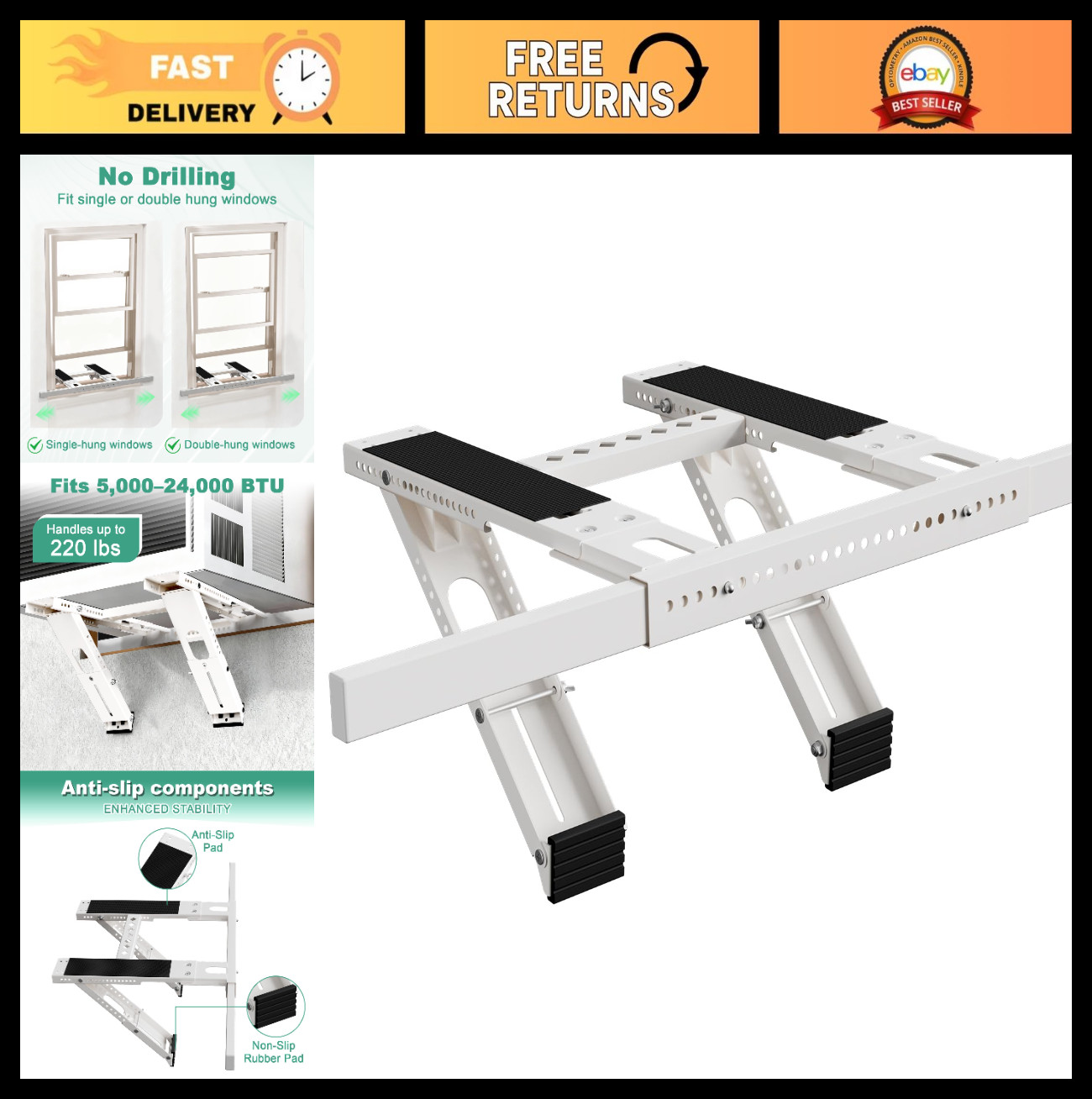 Heavy Duty No Drill Window AC Bracket, Adjustable Support for Single/Double Hung