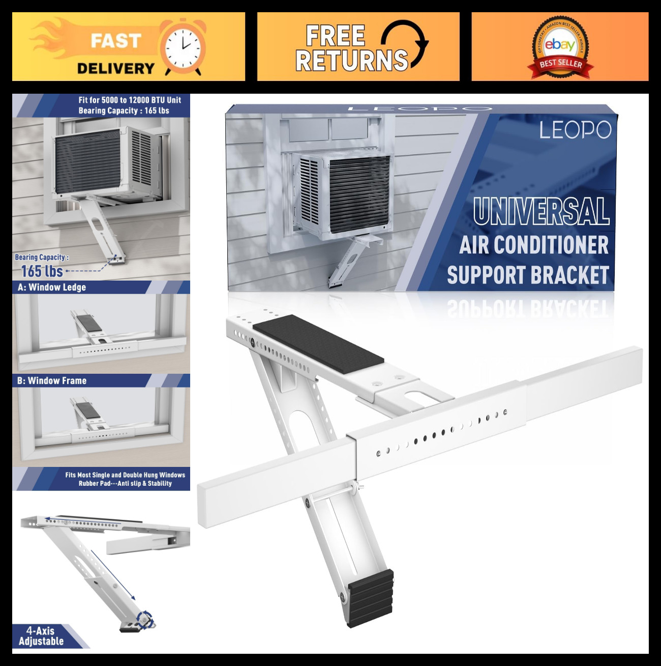 Heavy Duty AC Support Bracket for Windows – No Drill, Fits Single/Double-Hung, H