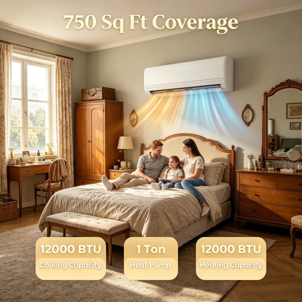 Mini Split AC 12000 BTU Cooling Heating 750 Sq Ft SEER2 22 R32 115V White