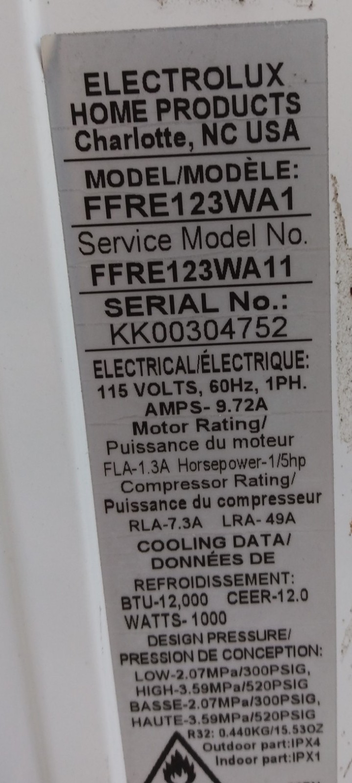 Frigidaire Electrolux Air Conditioner FFRE123WA1 Front Panel BN-COMPG17-MB-1