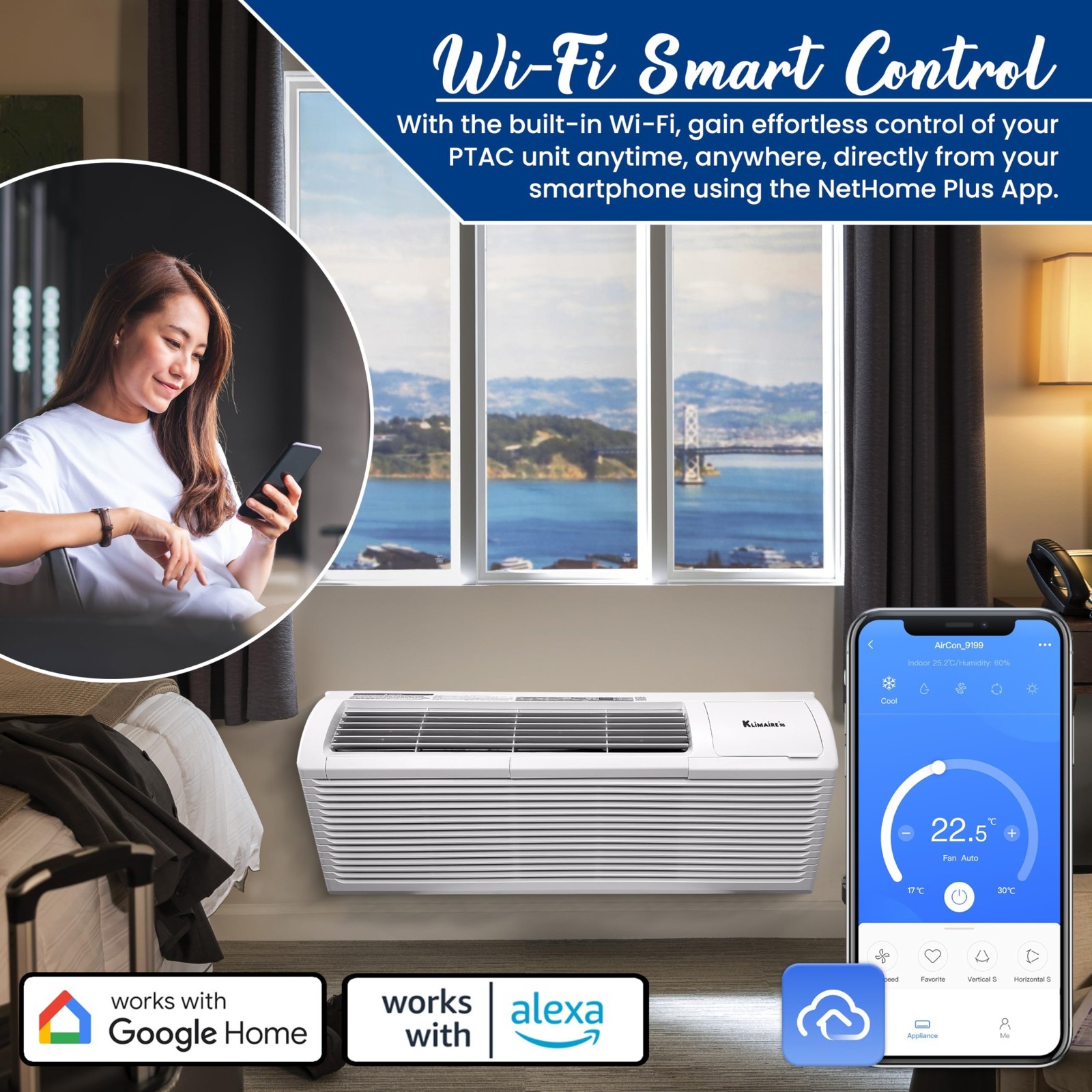Klimaire 15,000 BTU PTAC Heat Pump A/C R-32 Wi-Fi Enabled with 3.5kW
