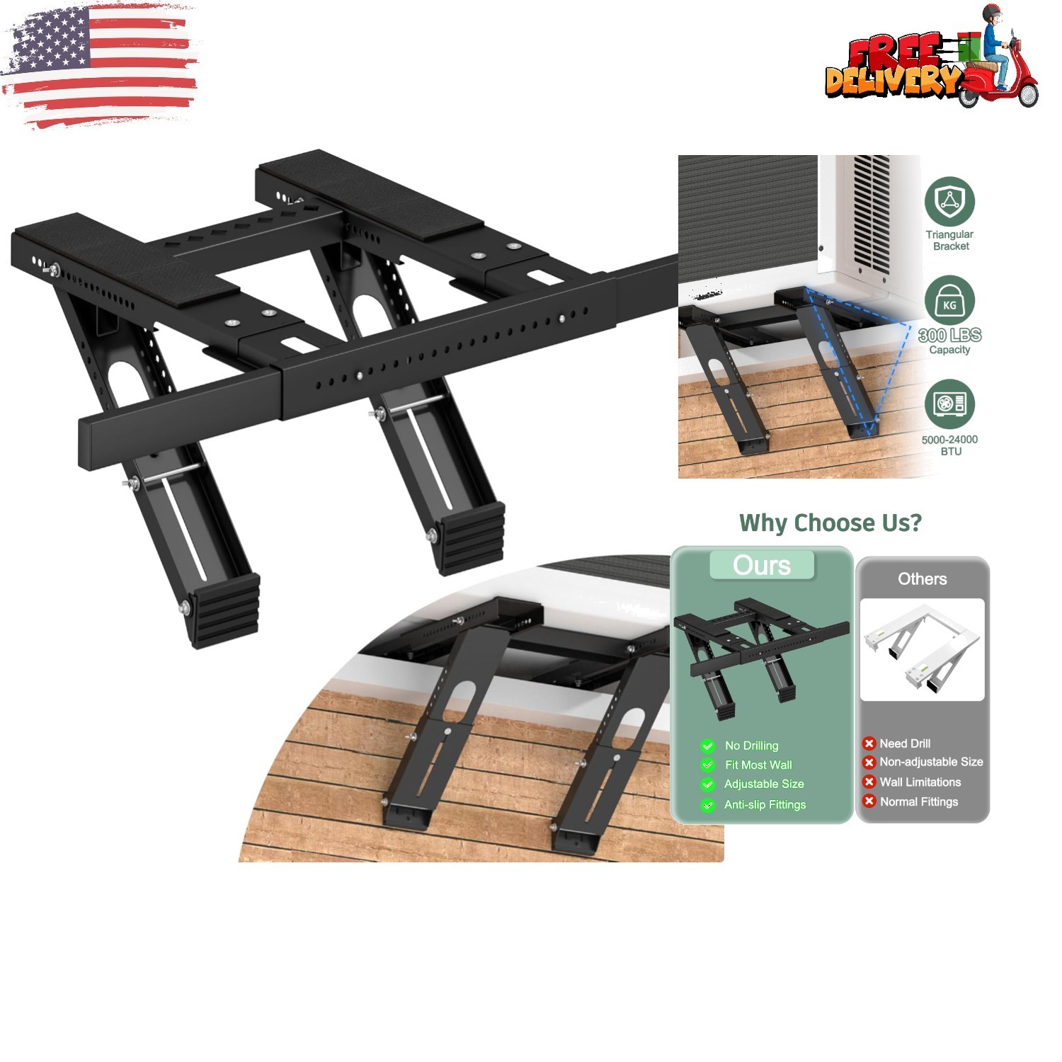 Robust No-Drill AC Support Bracket for Single/Double-Hung Windows, Easy Install