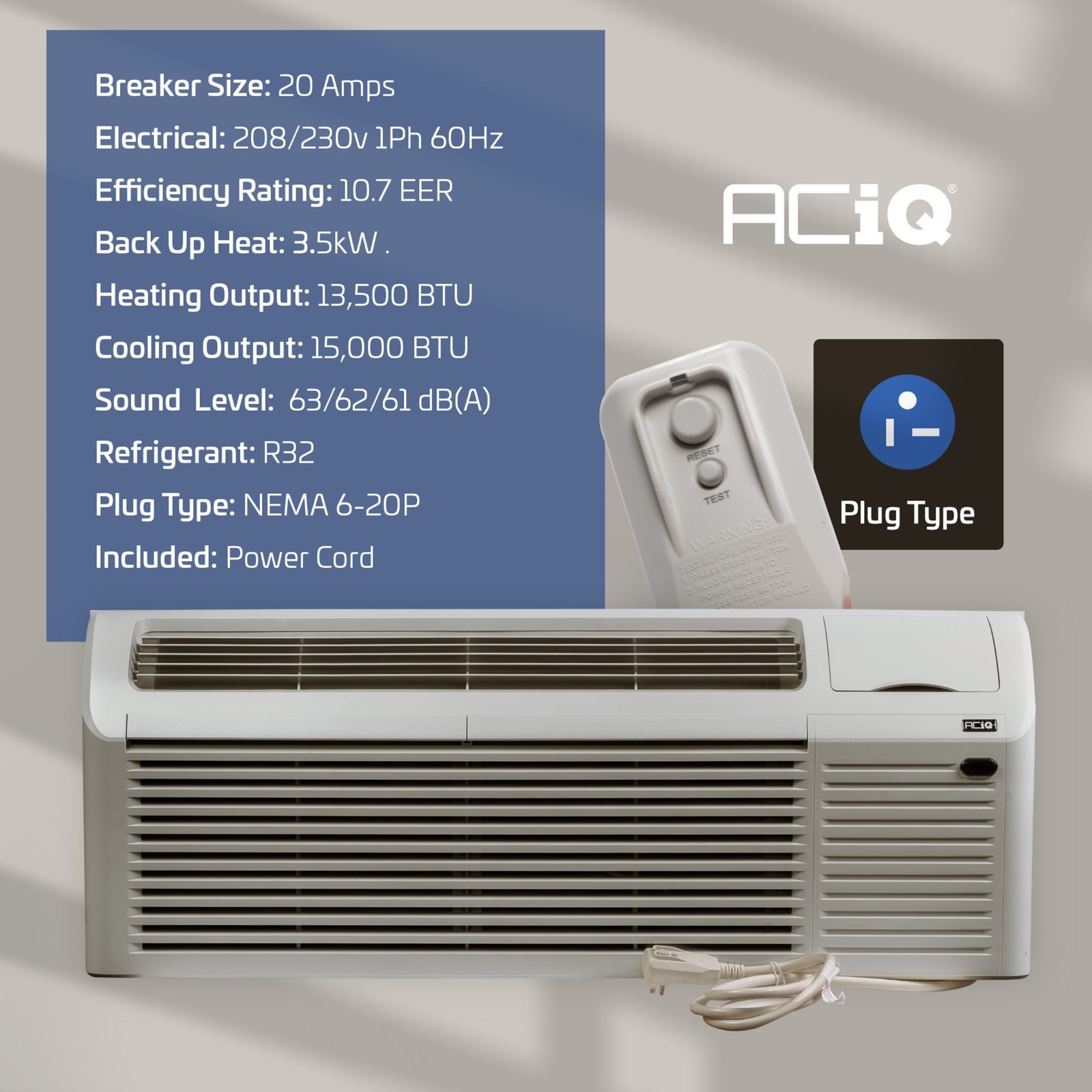 ACiQ 15000 BTU 3.5KW Inverter PTAC Heat Pump AC Unit + Sleeve & Grille, R32 230V