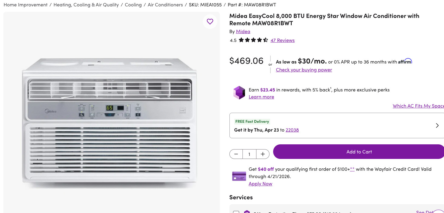 Midea EasyCool 8000 BTU Window Air Conditioner Energy Star Remote MAW08R1BWT