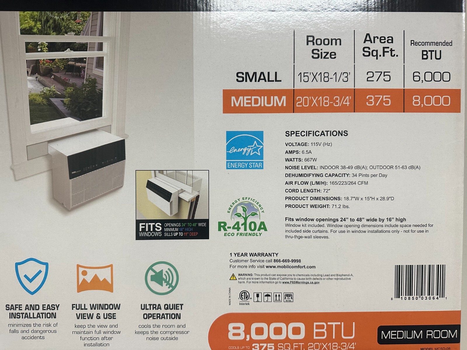 8000BTU Window Sill Saddle Air Conditioner 12,000 BTU( ASHRAE) energy saver mode
