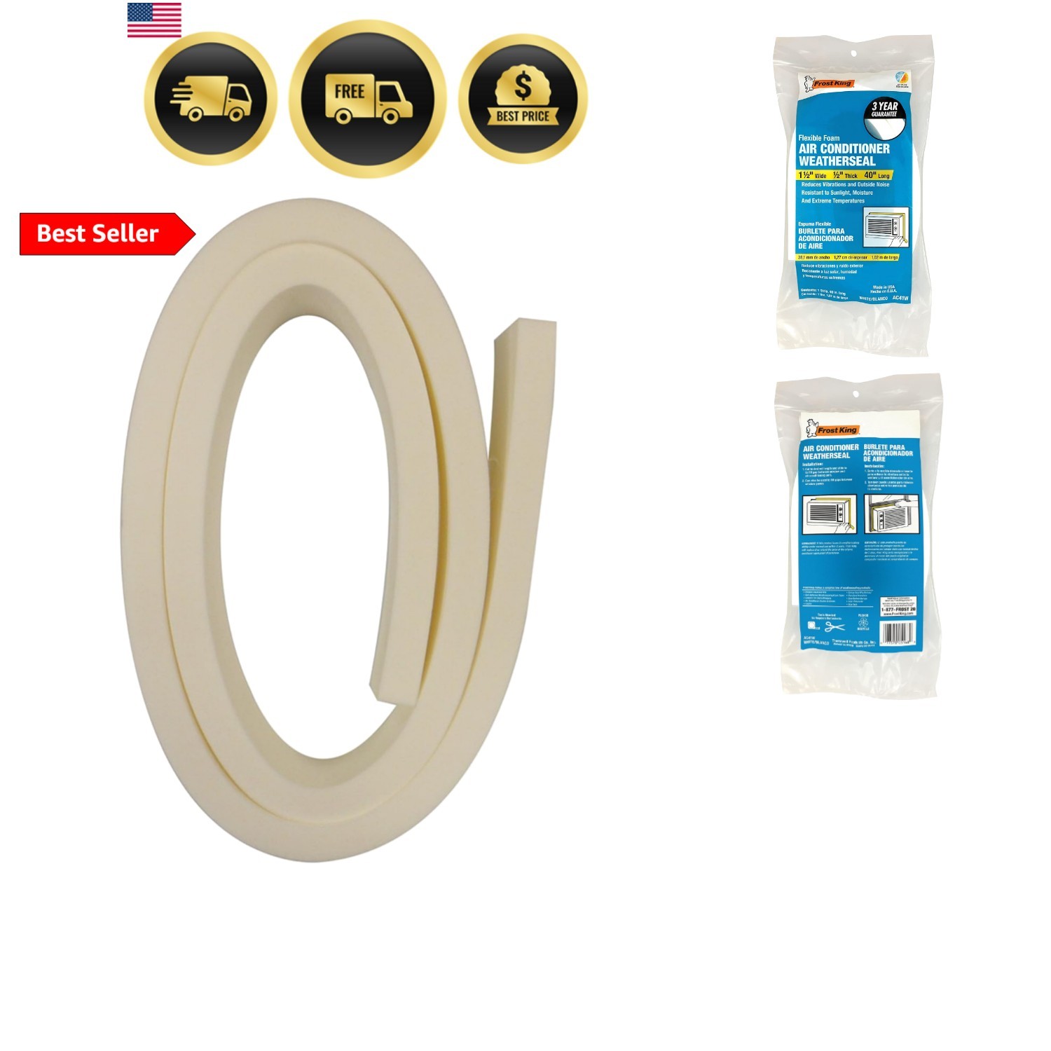 AC41WA AC Foam Weather Seal, Heavy Duty 1-1/2″ W, 1/2″ T, 40″ L, White