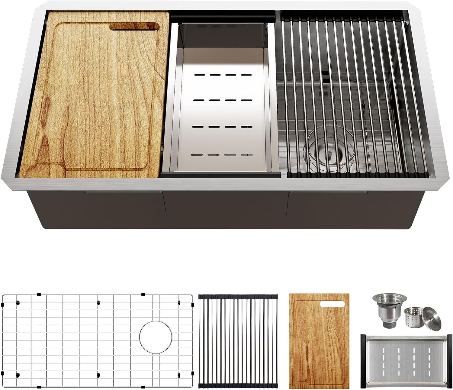 32″x18″ Workstation Under Mount Kitchen Sink Single Bowl T304 Stainless Steel