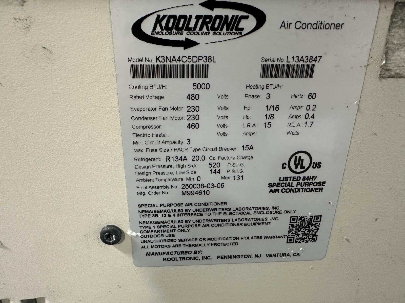 Kooltronic Panel Mount Air Conditioner