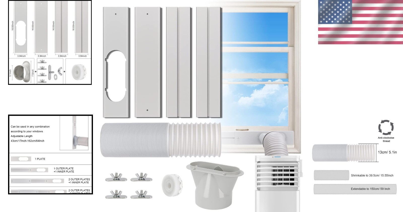 Portable A/C Window Kit, 5.1″ Diameter, 51″ Hose