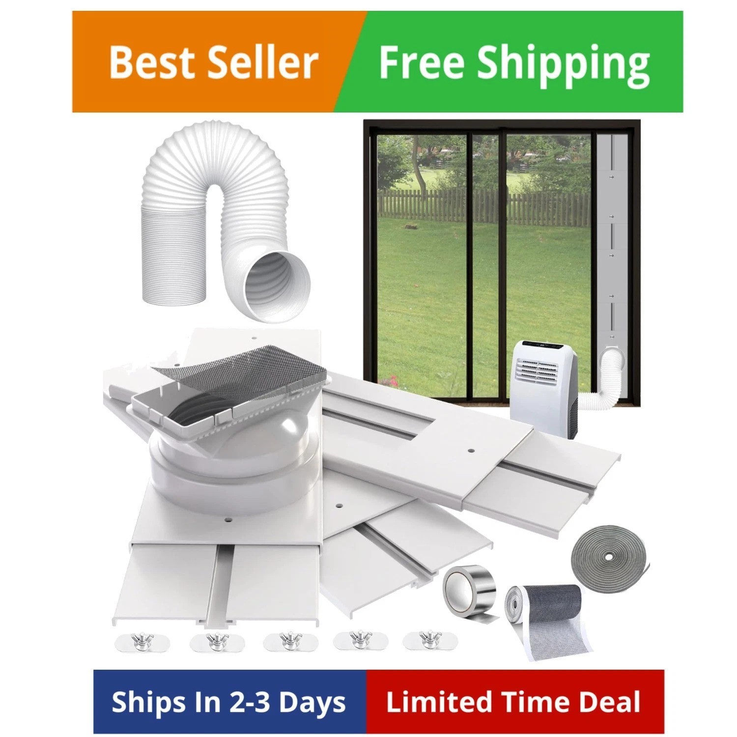 95″Sliding Door AC Vent Kit with Φ 5.1″Extendable Hose Screen net & Weather S…