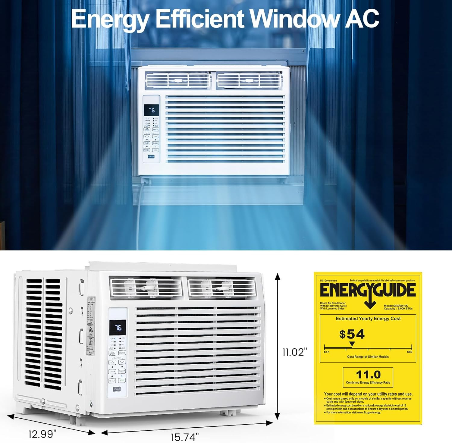 Window Air Conditioner 6,000 BTU, Window Type AC Unit with Cooling, Dry Mode, 4