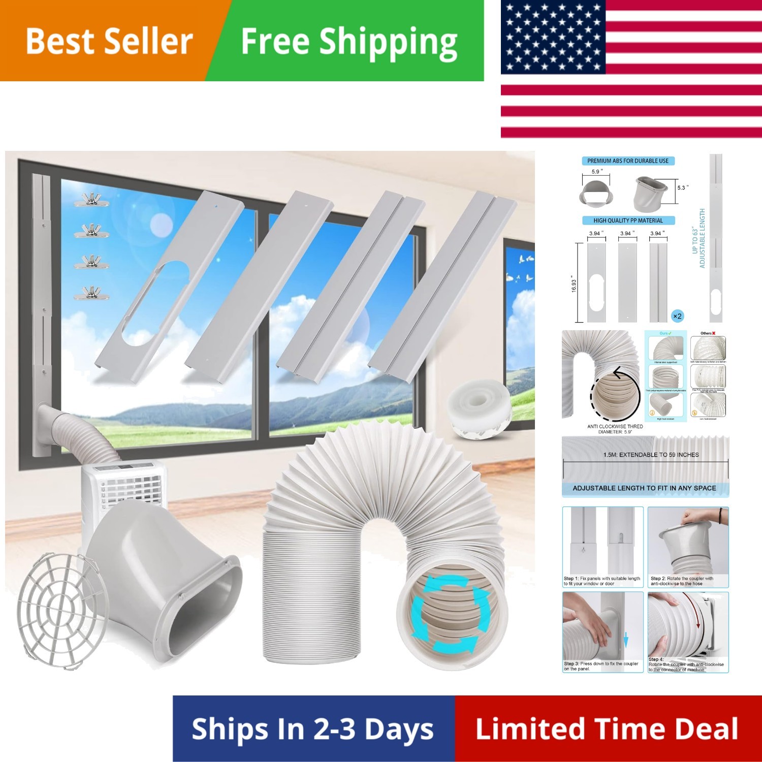 Portable Air Conditioner Window Vent Kit with 5.9” Exhaust Hose Adjustable Po…