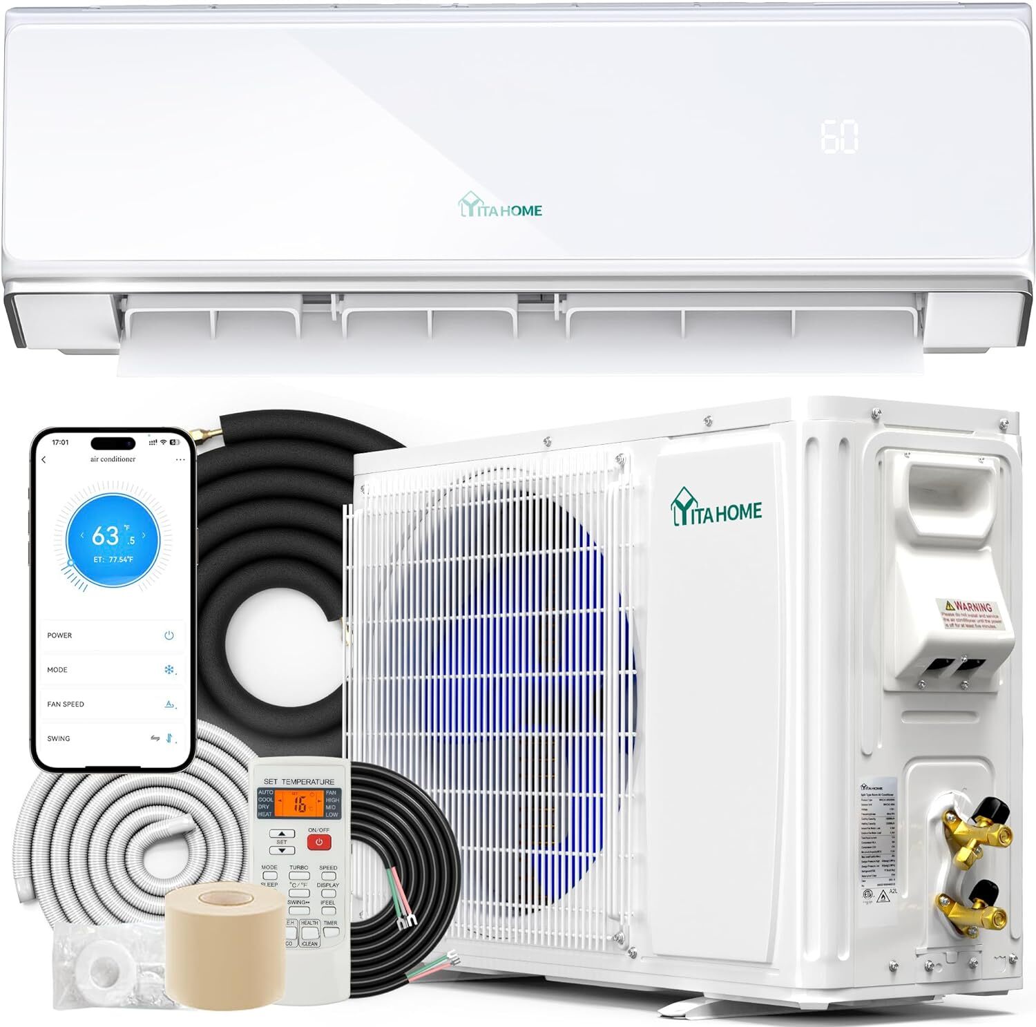 18000 BTU Mini Split Air Conditioner Heat Pump System 208-230V Ductless AC Cool