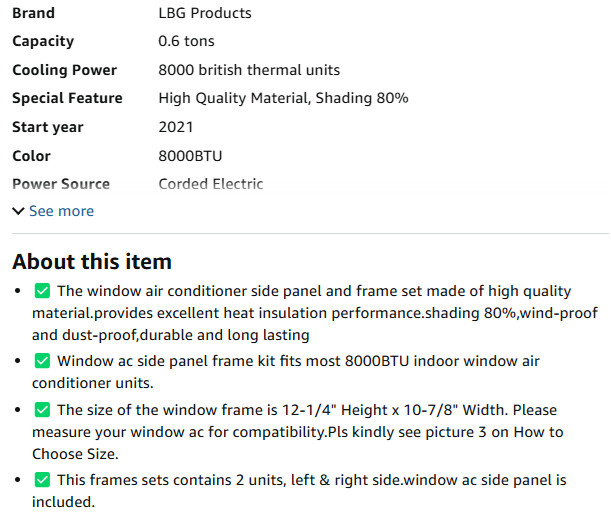 Window Air Conditioner Side Panel and Frame Kit fits most 8000BTU