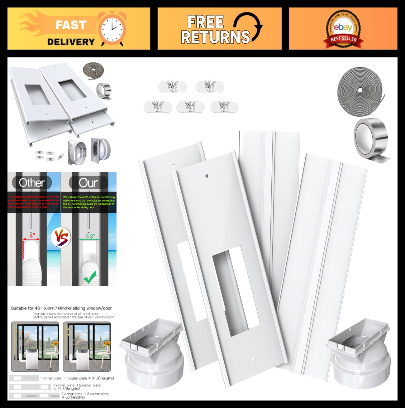 Adjustable Dual Hose Portable Air Conditioner Window Vent Kit 26-62″ with Couple
