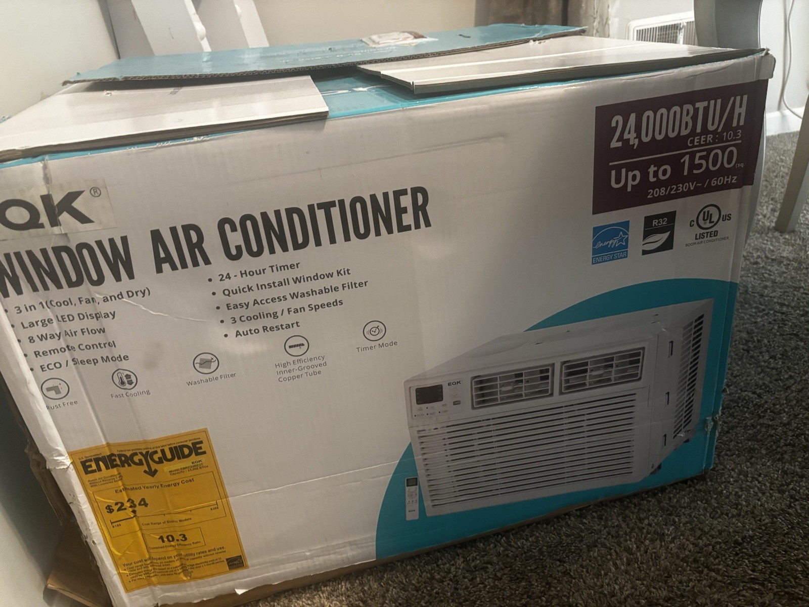 EQK 24,000 BTU Window Air Conditioner Remote, 208/230V, Up to 1500 sq ft