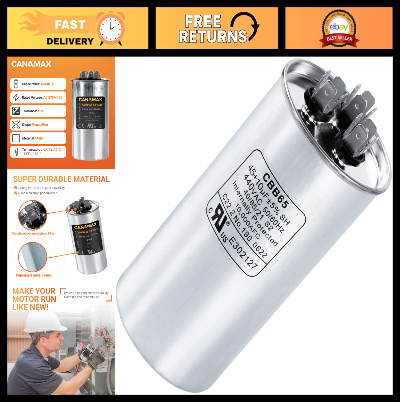 Dual Run Capacitor 45+10 uF 370V/440V for AC Motor, Heat Pump, Condenser Fan – 5