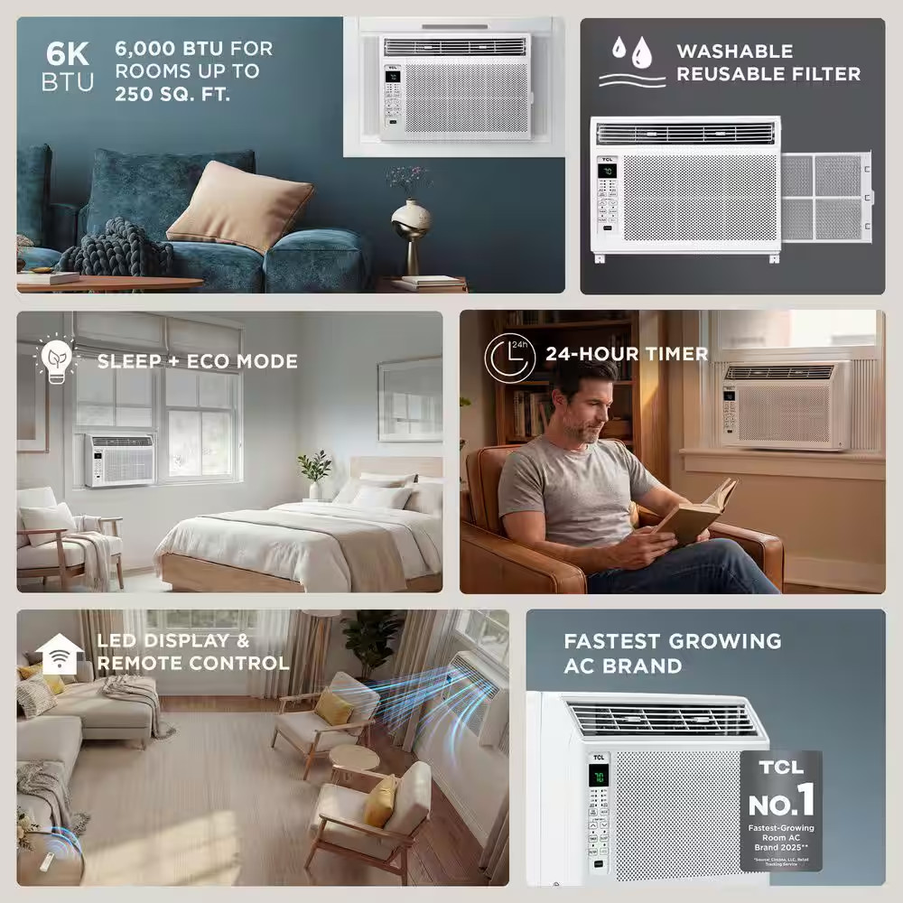 6,000 BTU (DOE) Window Air Conditioner Cools 250 Sq. Ft. with Remote in White