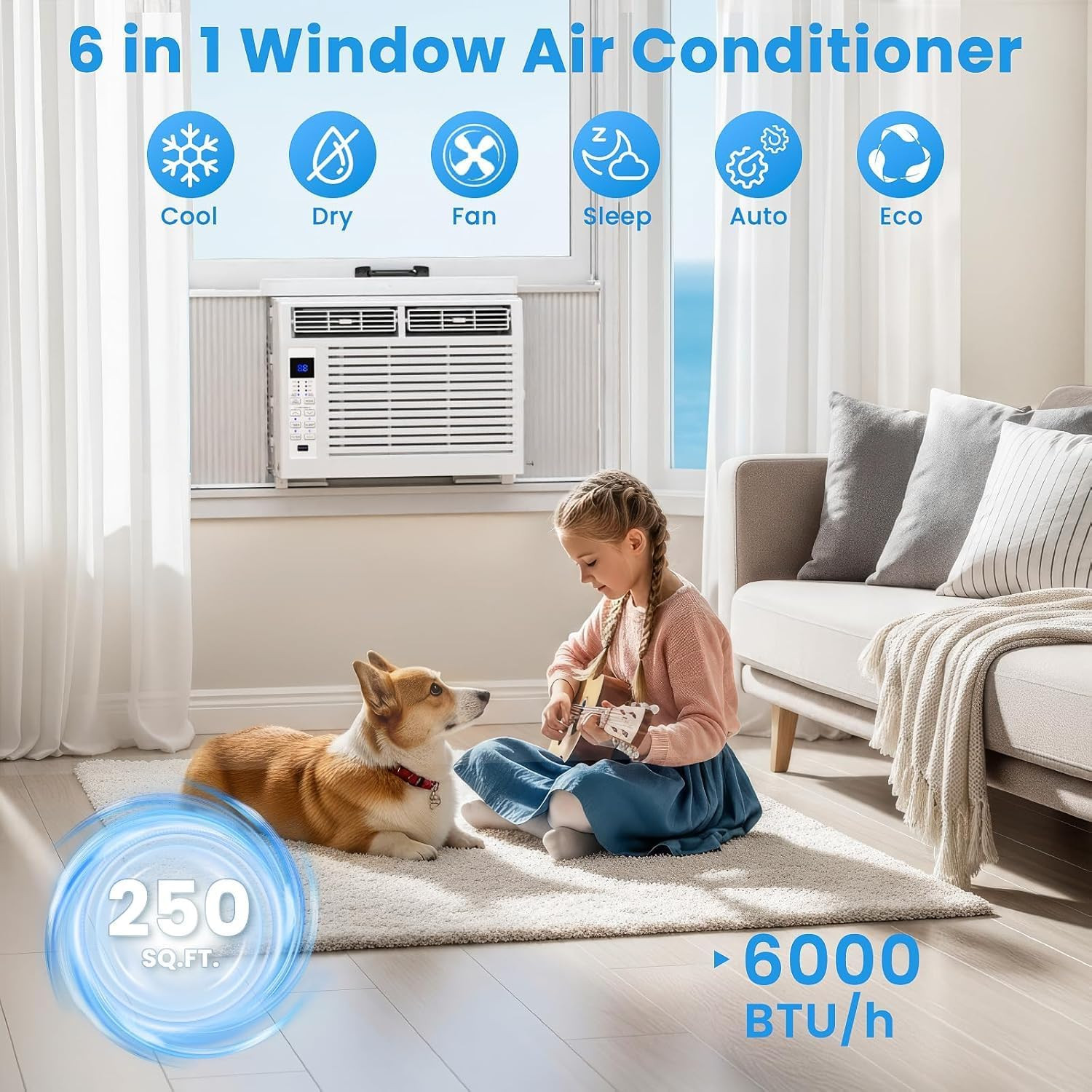 6,000 BTU Window Air Conditioner, Window AC Unit with Remote Control, Cools up t