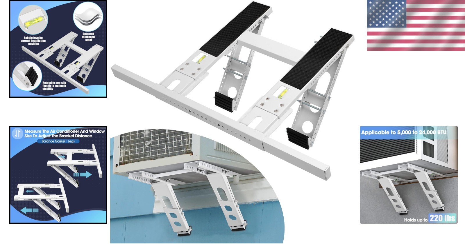 Durable Adjustable AC Window Bracket for 5000-24000 BTU Units, 220lb Capacity